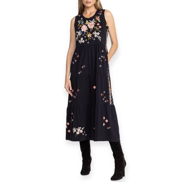 JOHNNY WAS Ceretti Dress Tiered Maxi Tank Dress Black Floral Embroidery NWT - Picture 3 of 10